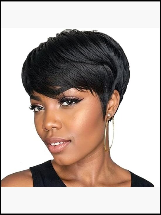 Short Human Hair Pixie Wig with Bangs Layered Bob Machine Made Daily Wear main image 4
